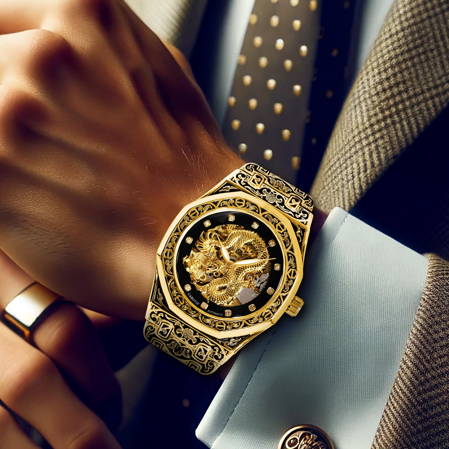 CAROTIF men's automatic mechanical watches gold retro carved watch luxury waterproof luminous wrist watch with steel band