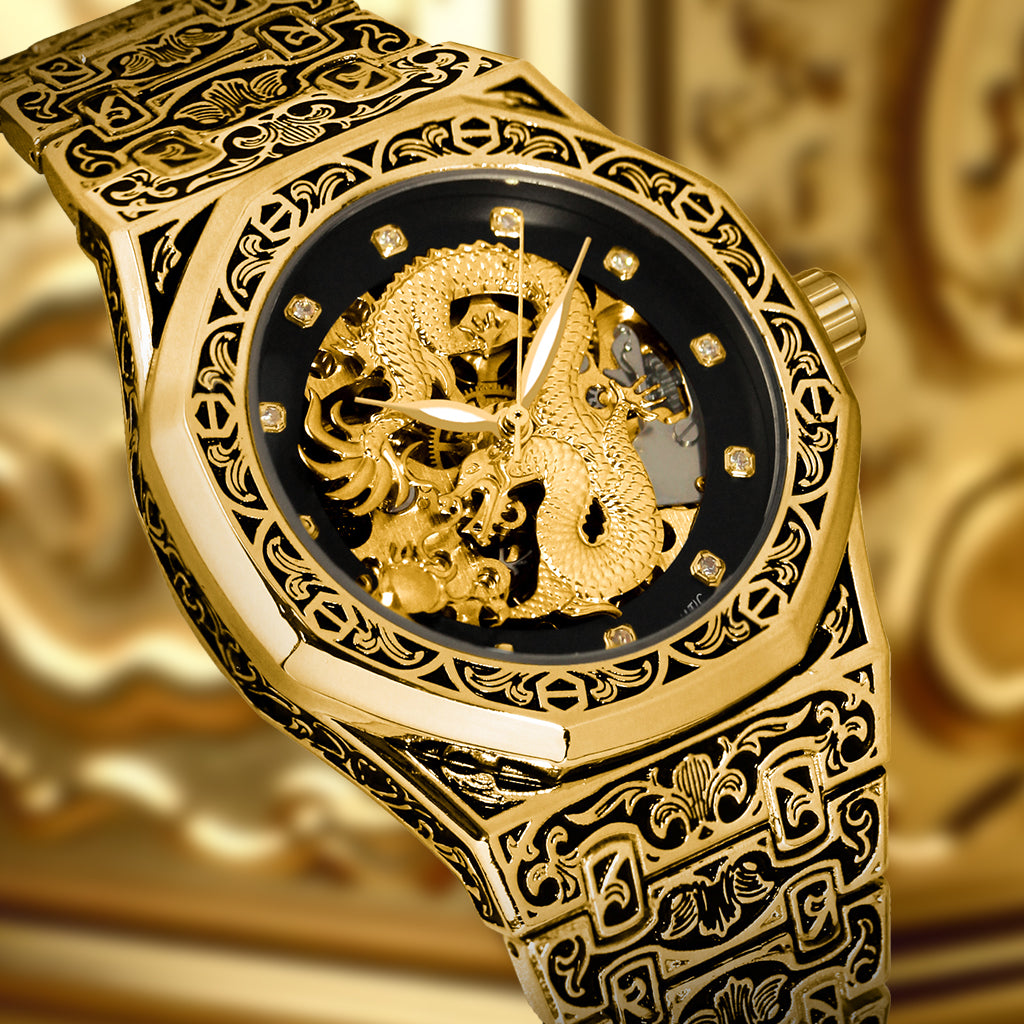 CAROTIF men's automatic mechanical watches gold retro carved watch luxury waterproof luminous wrist watch with steel band