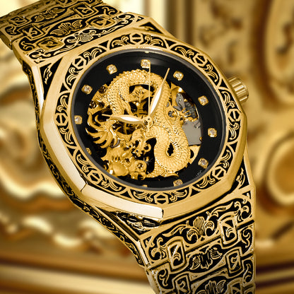 CAROTIF men's automatic mechanical watches gold retro carved watch luxury waterproof luminous wrist watch with steel band