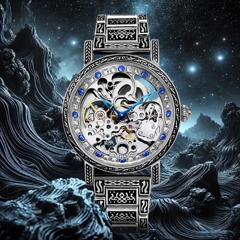 Retro Carving Automatic Mechanical Watch Men's Fashion Diamond Hollow Stainless Steel Waterproof Watch