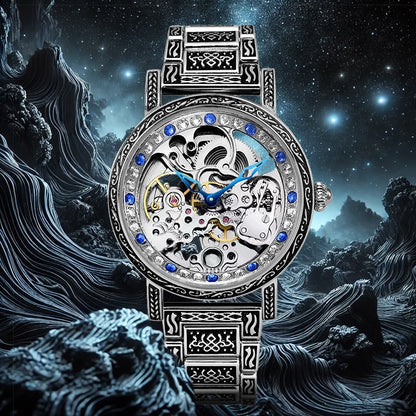 Retro Carving Automatic Mechanical Watch Men's Fashion Diamond Hollow Stainless Steel Waterproof Watch
