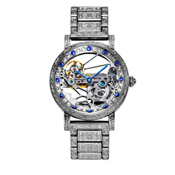 8625 New Luxury Men's Silver Stainless Steel Strap Carved Diamond Skeleton Fully Automatic Mechanical Watch
