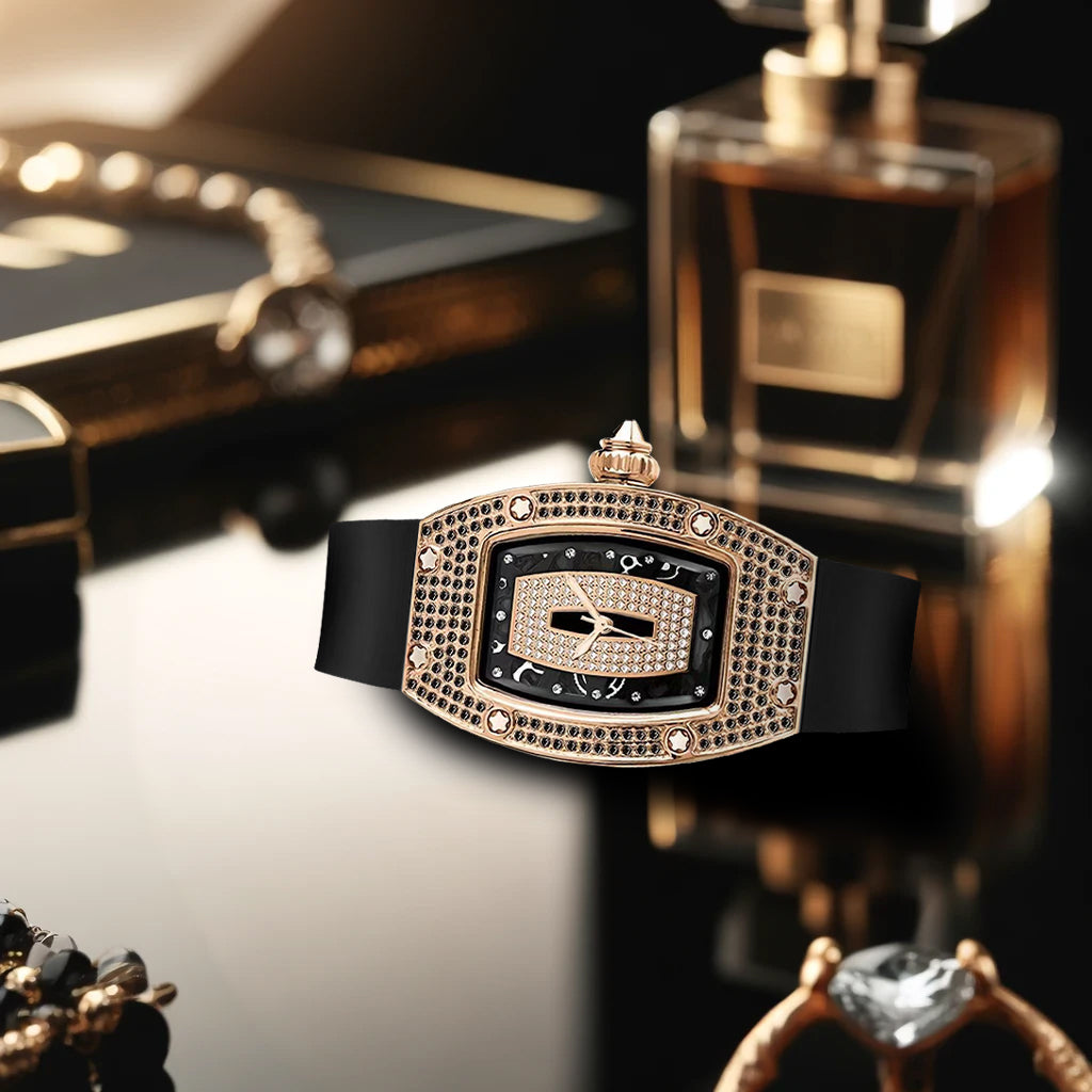 New barrel-shaped diamond-studded fashion luxury women's quartz watch with rose gold alloy case and black silicone strap