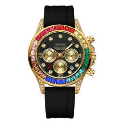 Men's Gold Alloy Rainbow Diamond Fashion Black Silicone Strap Multifunctional Quartz Watch