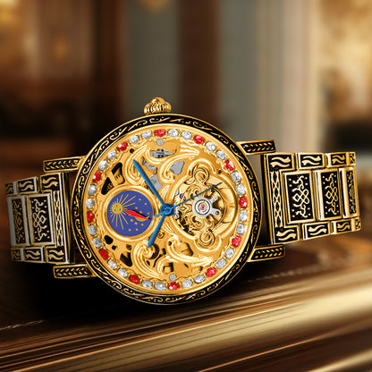 Luxury gold retro carved automatic mechanical watch for men fashion red diamond skeleton dial tourbillon watch