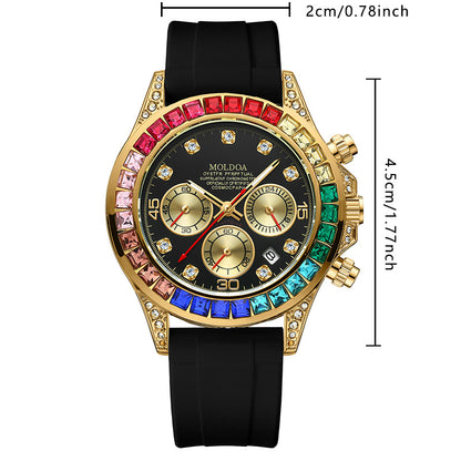 Men's Gold Alloy Rainbow Diamond Fashion Black Silicone Strap Multifunctional Quartz Watch