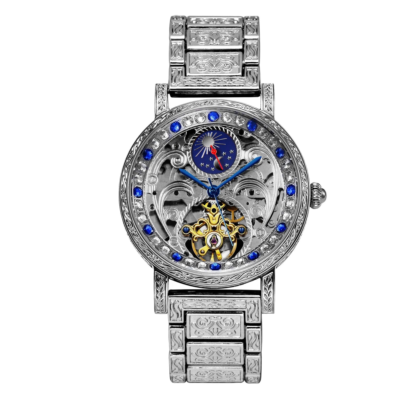 New silver engraved sun and moon phase automatic mechanical watch fashionable men's skeleton watch