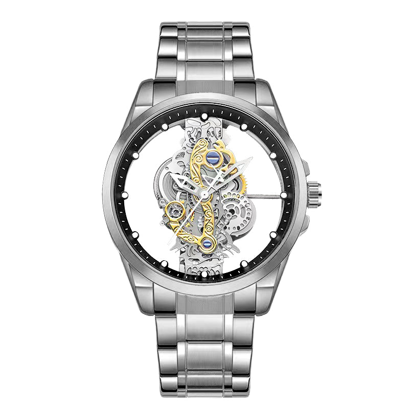 K-1822 Silver Steel Band Hot Fashion Business Double-sided Transparent Hollow Men's Quartz Watch