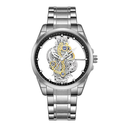 K-1822 Silver Steel Band Hot Fashion Business Double-sided Transparent Hollow Men's Quartz Watch