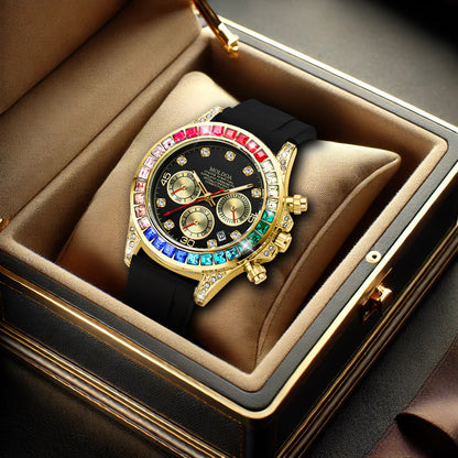 Men's Gold Alloy Rainbow Diamond Fashion Black Silicone Strap Multifunctional Quartz Watch