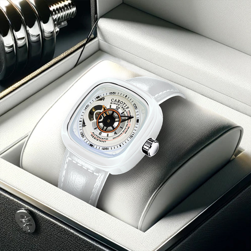 1003 New Men's Fashion White Leather Belt Square Hollow Waterproof Fully Automatic Mechanical Watch