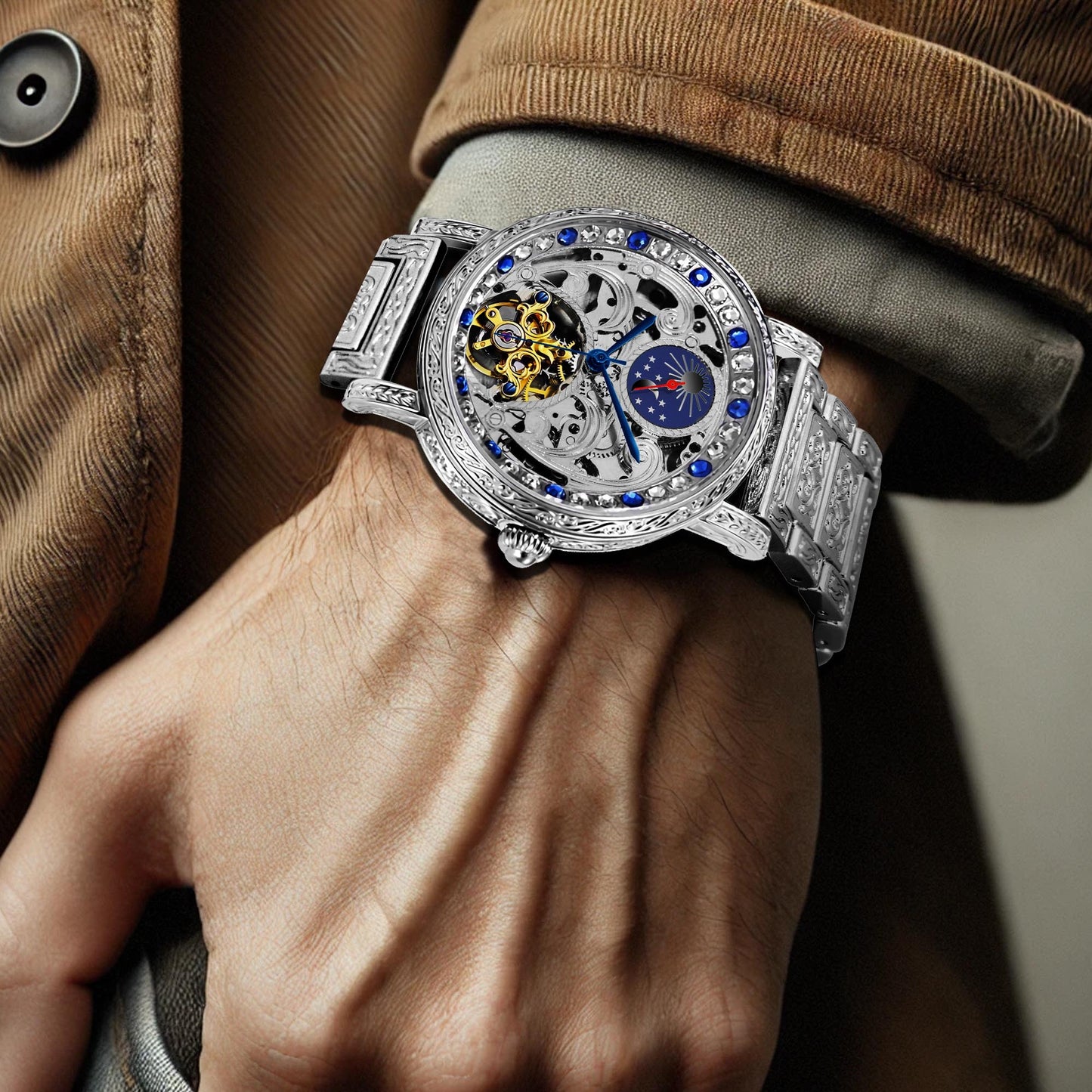 New silver engraved sun and moon phase automatic mechanical watch fashionable men's skeleton watch