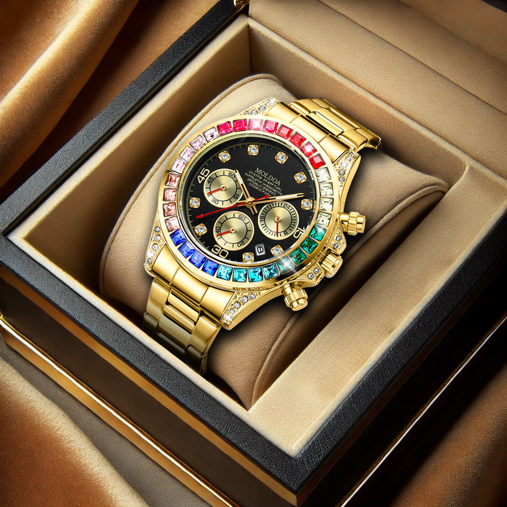 Luxury Gold Steel Band Rainbow Diamond Men's Quartz Watch with Calendar Waterproof Luminous