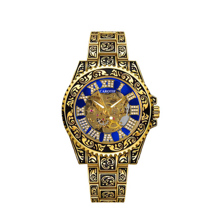 New Men's Fashion Casual Hollow Retro Carved Gold and Blue Fully Automatic Mechanical Watch