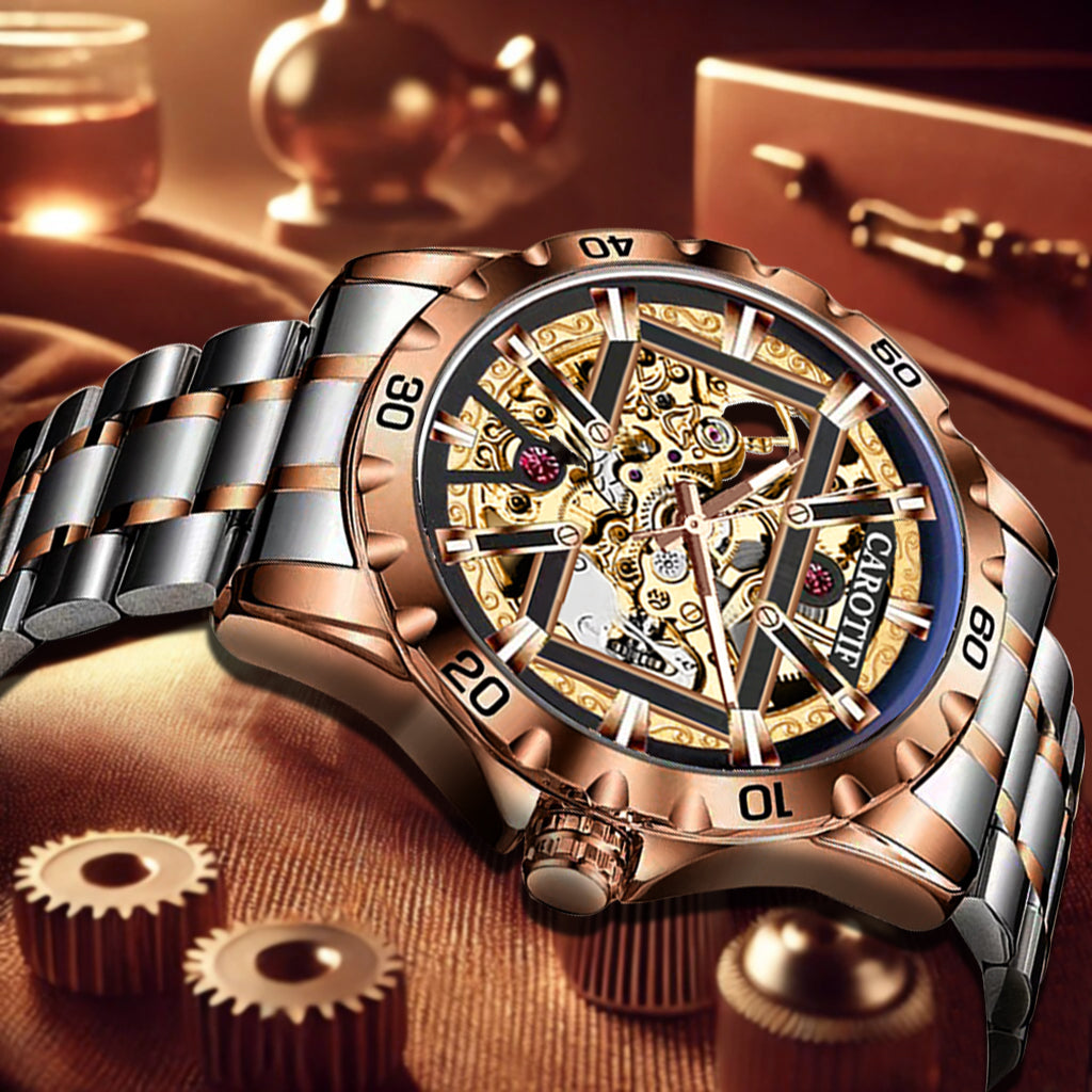New Men's Rose Gold Carved Pattern Fashion Hollow Fully Automatic Mechanical Watch Luminous Waterproof