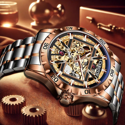 New Men's Rose Gold Carved Pattern Fashion Hollow Fully Automatic Mechanical Watch Luminous Waterproof