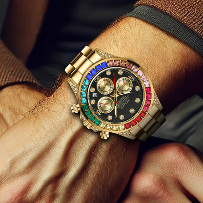Luxury Gold Steel Band Rainbow Diamond Men's Quartz Watch with Calendar Waterproof Luminous