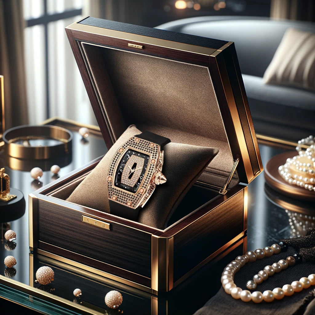 New barrel-shaped diamond-studded fashion luxury women's quartz watch with rose gold alloy case and black silicone strap