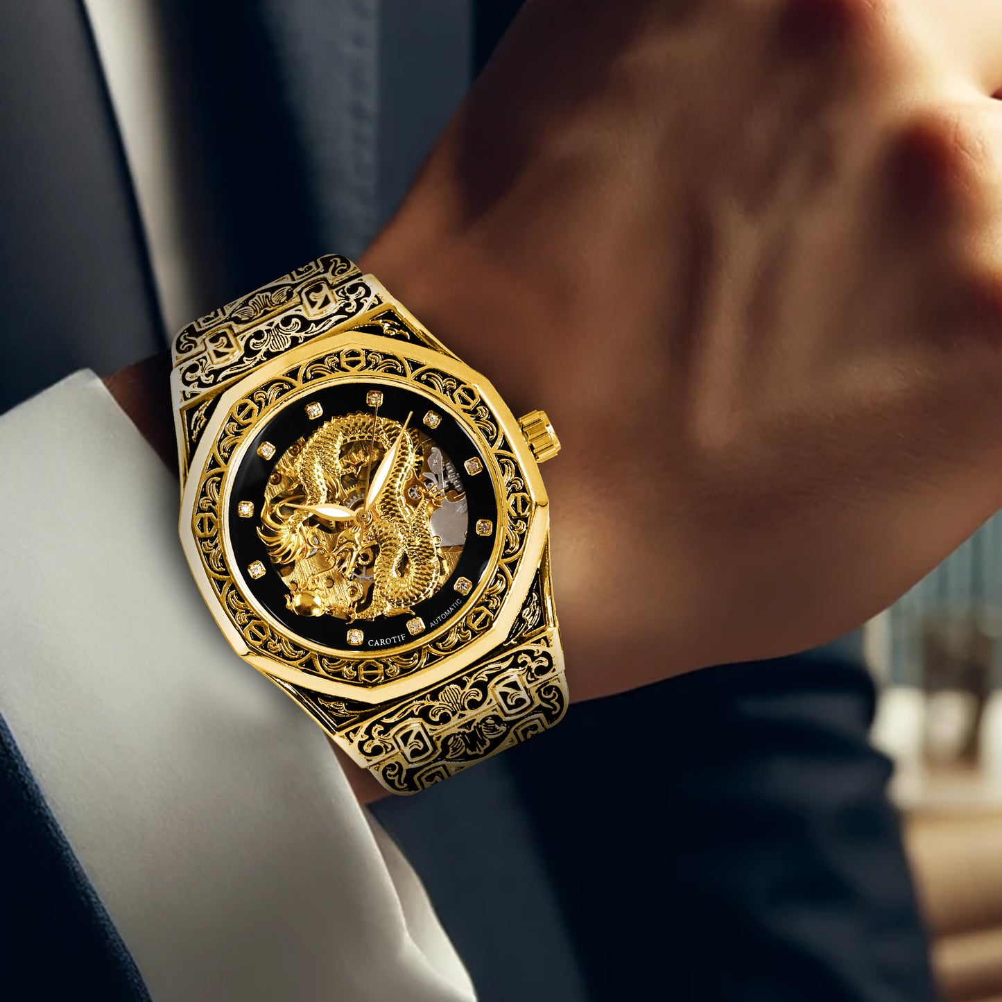 CAROTIF men's automatic mechanical watches gold retro carved watch luxury waterproof luminous wrist watch with steel band