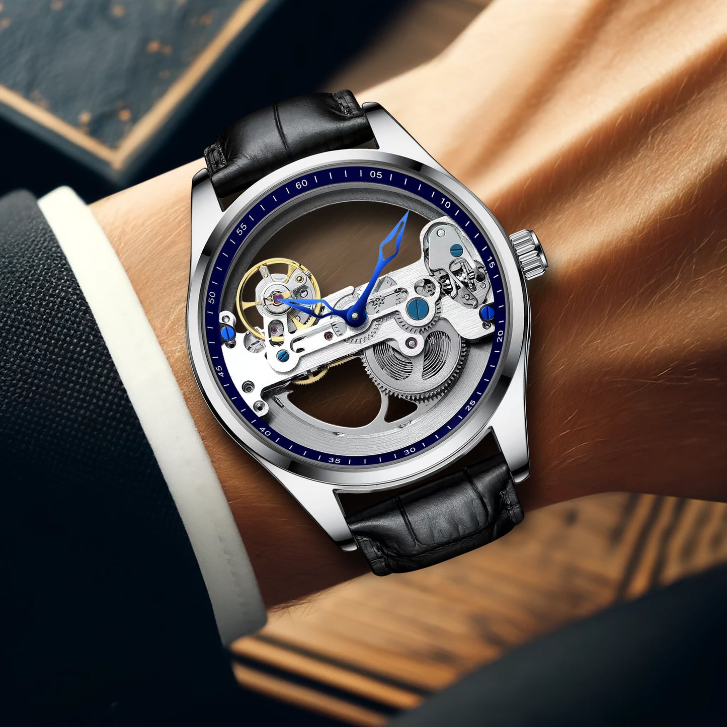 New automatic mechanical watch for men fashion Leather Strap tourbillon hollow watch
