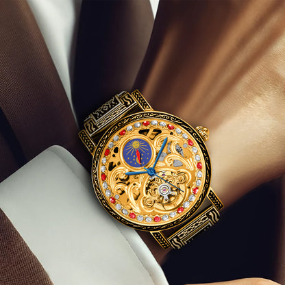 Luxury gold retro carved automatic mechanical watch for men fashion red diamond skeleton dial tourbillon watch