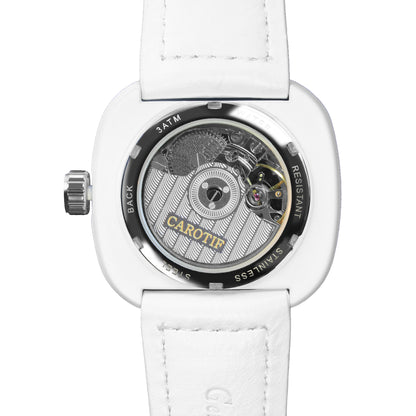 1003 New Men's Fashion White Leather Belt Square Hollow Waterproof Fully Automatic Mechanical Watch
