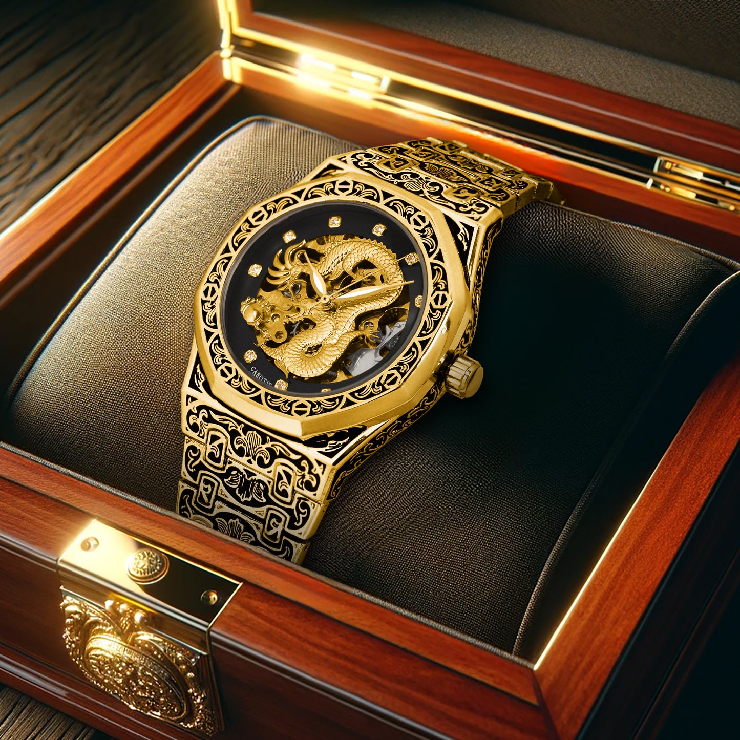 CAROTIF men's automatic mechanical watches gold retro carved watch luxury waterproof luminous wrist watch with steel band