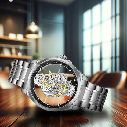 K-1822 Silver Steel Band Hot Fashion Business Double-sided Transparent Hollow Men's Quartz Watch