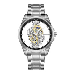 K-1822 Silver Steel Band Hot Fashion Business Double-sided Transparent Hollow Men's Quartz Watch