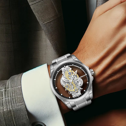K-1822 Silver Steel Band Hot Fashion Business Double-sided Transparent Hollow Men's Quartz Watch