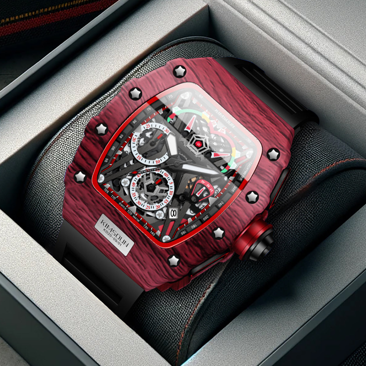K-2013B Popular Multifunctional Barrel Shape Fashion Sports Watch Men's Calendar Quartz Watch Red Shell Black Belt
