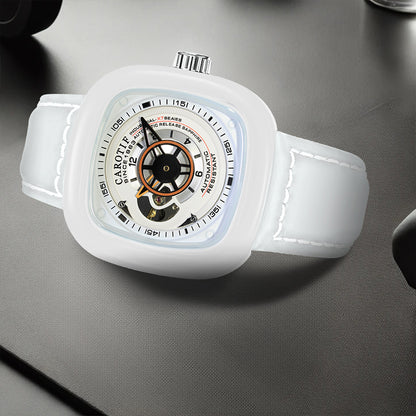 1003 New Men's Fashion White Leather Belt Square Hollow Waterproof Fully Automatic Mechanical Watch