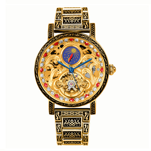 Luxury gold retro carved automatic mechanical watch for men fashion red diamond skeleton dial tourbillon watch
