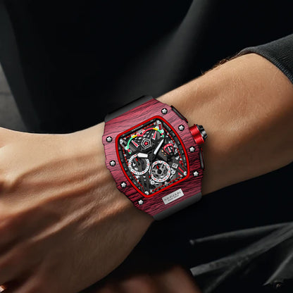 K-2013B Popular Multifunctional Barrel Shape Fashion Sports Watch Men's Calendar Quartz Watch Red Shell Black Belt