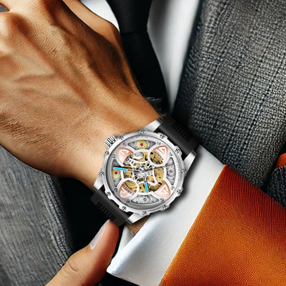 F-4 New Men's Fashion Clover Black Skeleton Mechanical Watch Glass Silicone Stainless Steel Tourbillon Watch Round Buckle