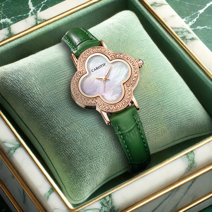 Fashion Quartz Watches Women Creative Watch Leather Strap Women's Four Leaf Clover Wristwatch with Waterproof