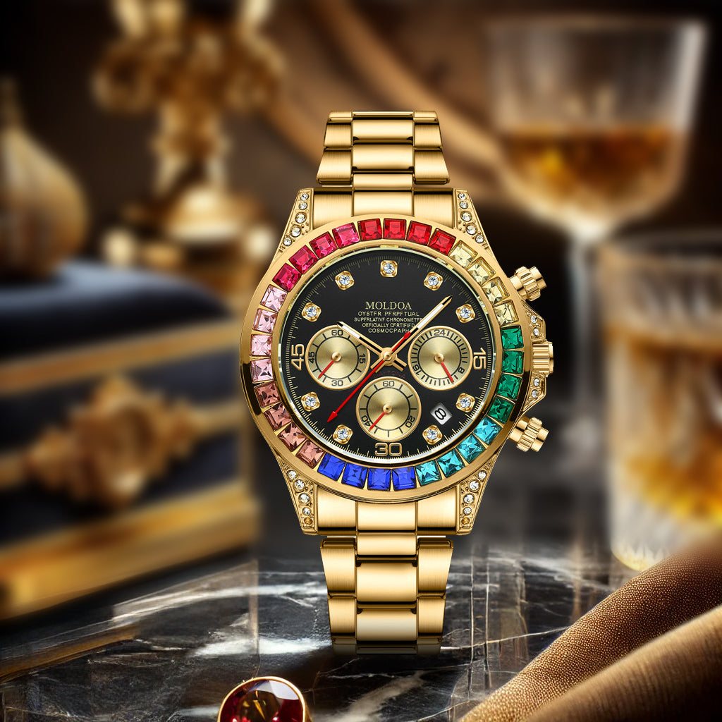 Luxury Gold Steel Band Rainbow Diamond Men's Quartz Watch with Calendar Waterproof Luminous