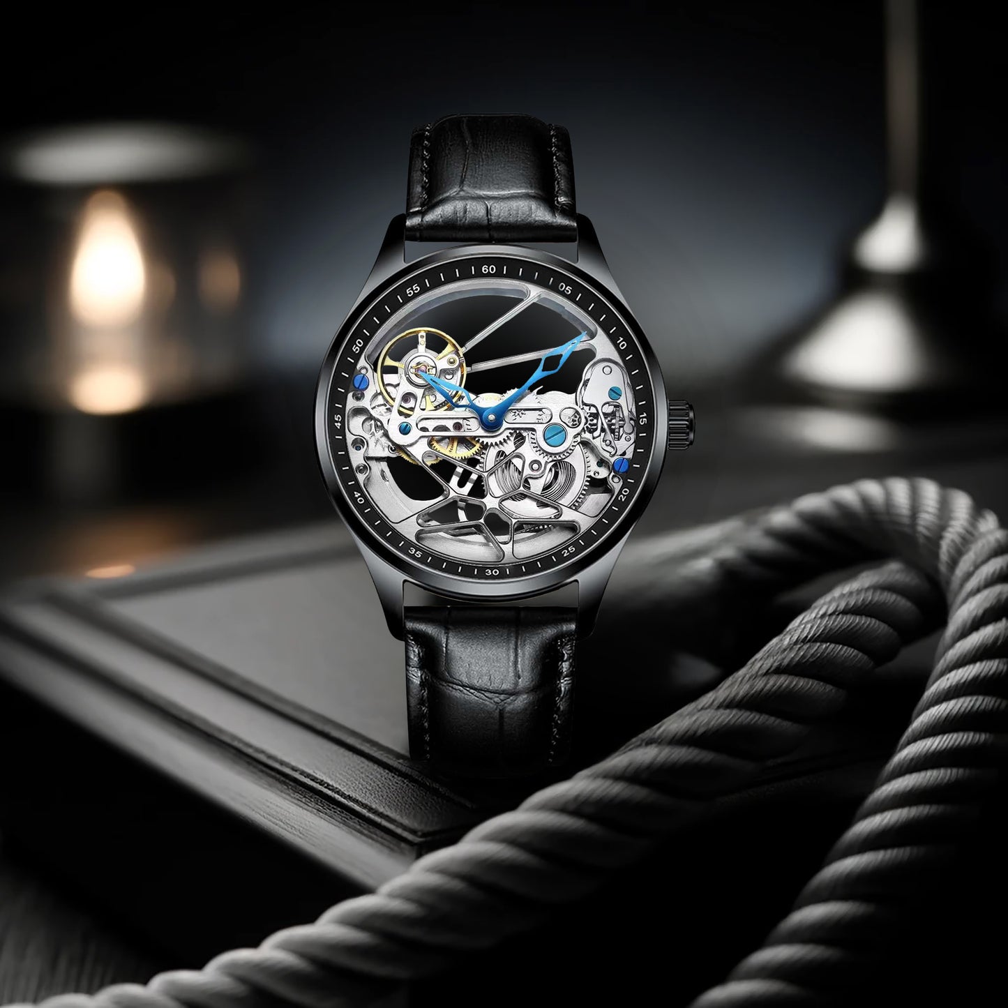 New Fashion Men's Watch Hollow Movement Leather Strap Fully Automatic Mechanical Watch