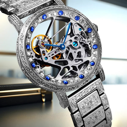 8625 New Luxury Men's Silver Stainless Steel Strap Carved Diamond Skeleton Fully Automatic Mechanical Watch