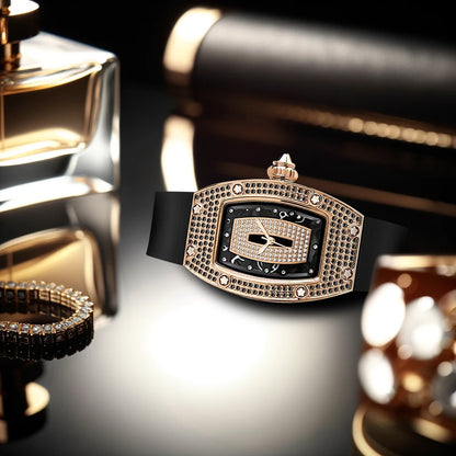 New barrel-shaped diamond-studded fashion luxury women's quartz watch with rose gold alloy case and black silicone strap