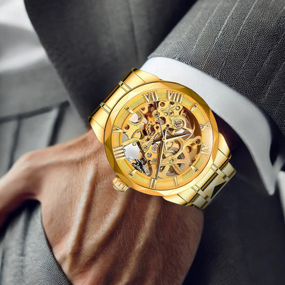New Fashion Gold Alloy Men's Fully Automatic Mechanical Watch Hollow Waterproof Watch