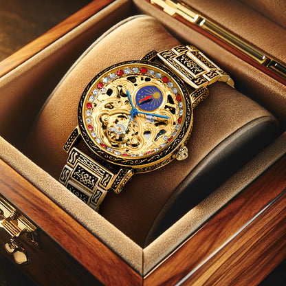 Luxury gold retro carved automatic mechanical watch for men fashion red diamond skeleton dial tourbillon watch