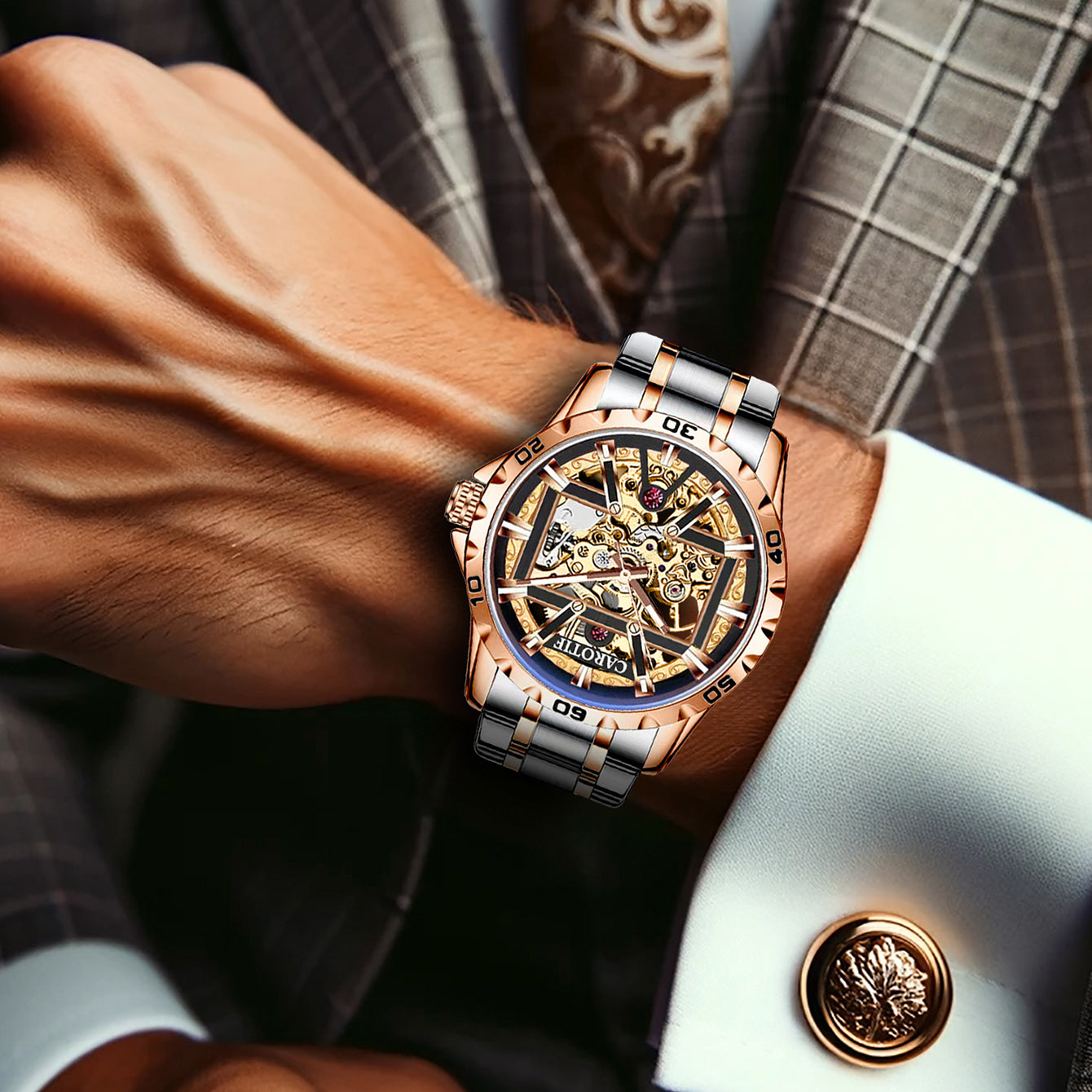 New Men's Rose Gold Carved Pattern Fashion Hollow Fully Automatic Mechanical Watch Luminous Waterproof