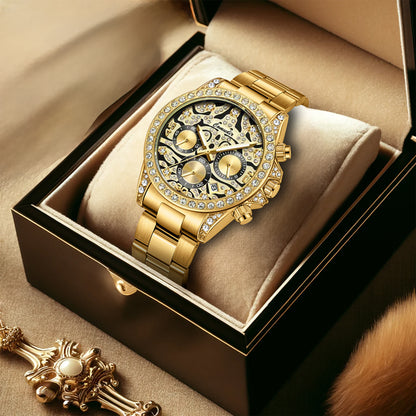 New luxury men's watch steel strap Fashion business gold tiger diamond multi-functional quartz watch