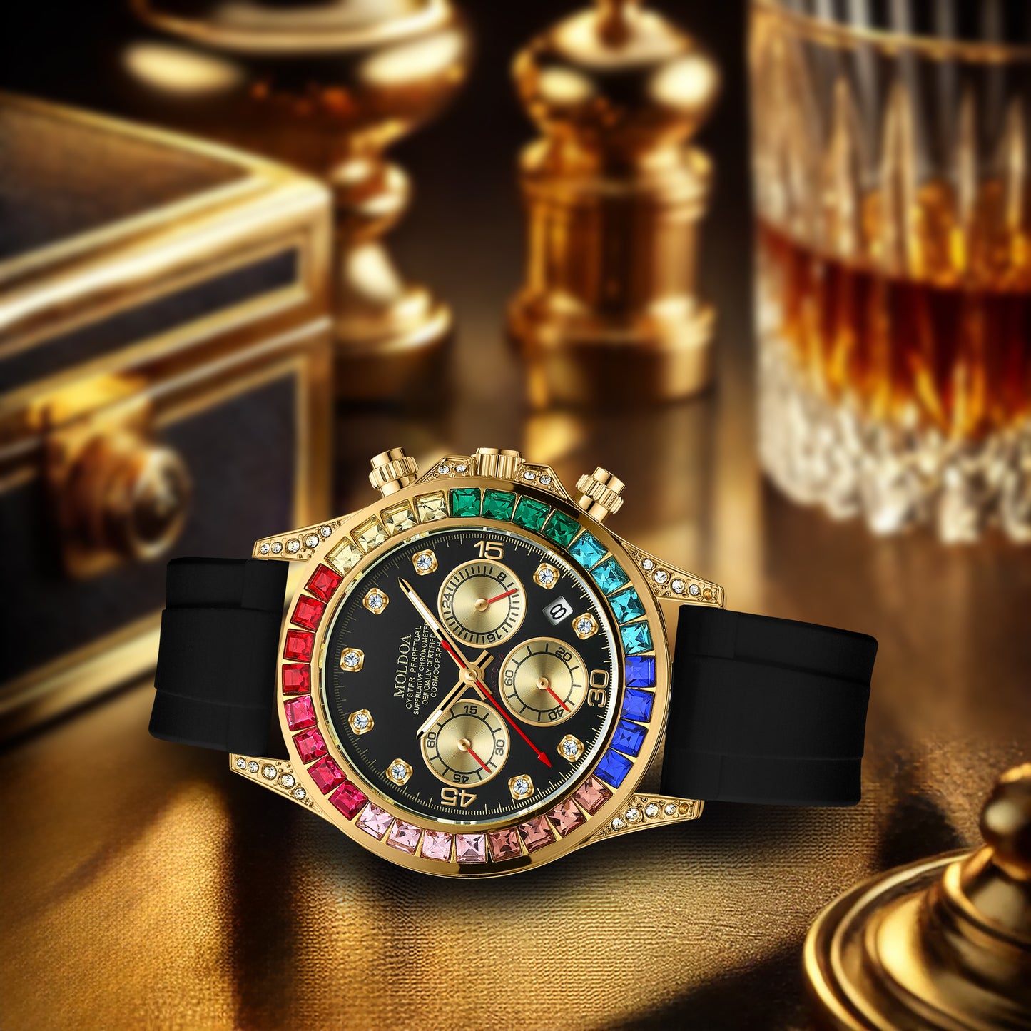 Men's Gold Alloy Rainbow Diamond Fashion Black Silicone Strap Multifunctional Quartz Watch