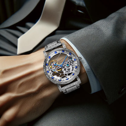 8625 New Luxury Men's Silver Stainless Steel Strap Carved Diamond Skeleton Fully Automatic Mechanical Watch