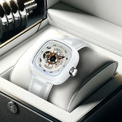 1003 New Men's Fashion White Leather Belt Square Hollow Waterproof Fully Automatic Mechanical Watch
