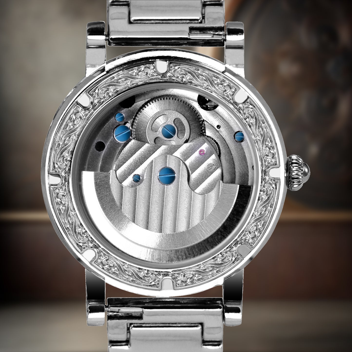 New silver engraved sun and moon phase automatic mechanical watch fashionable men's skeleton watch