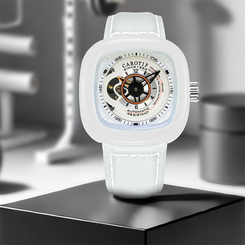 1003 New Men's Fashion White Leather Belt Square Hollow Waterproof Fully Automatic Mechanical Watch