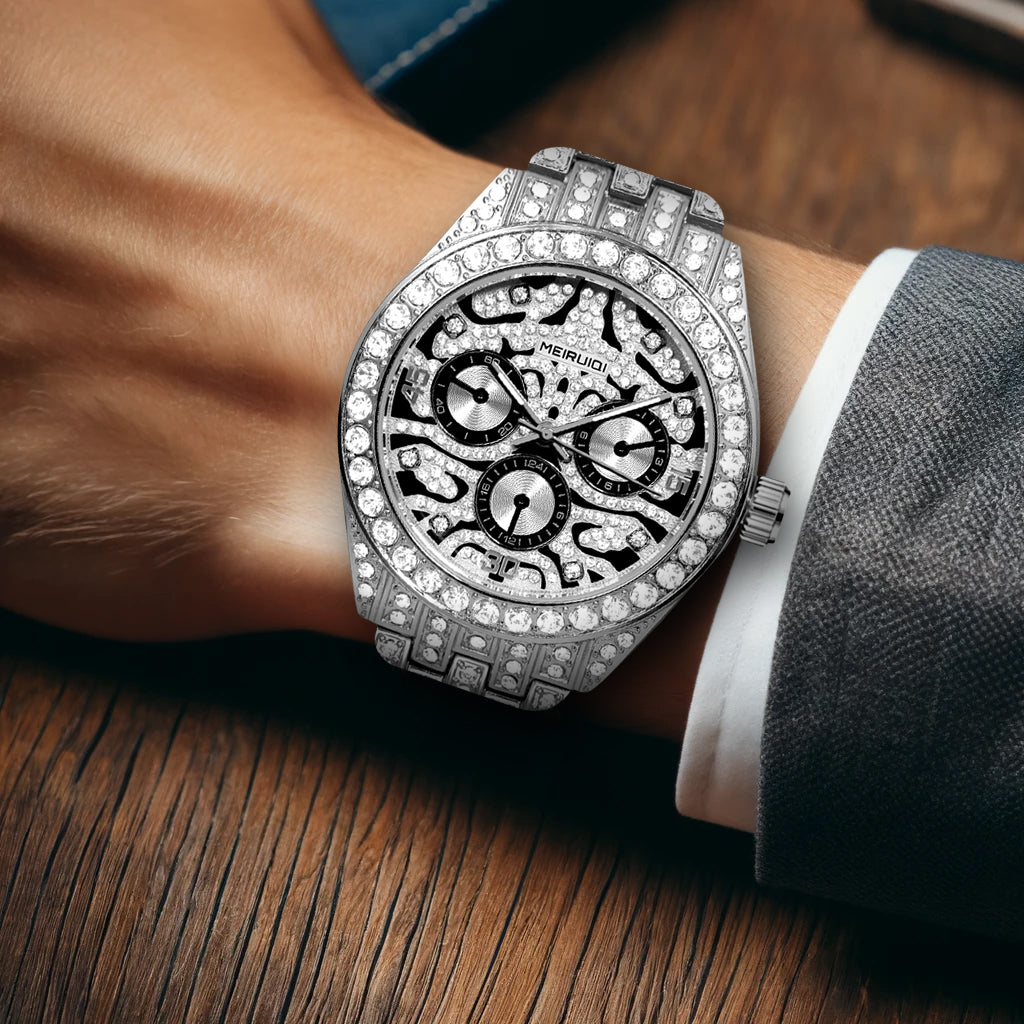 MEIRUIQI new silver diamond three-eye tiger dial fashion men's quartz watch